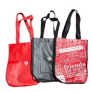 3 Lululemon Small  Reusable Shopping Tote / Lunch Bags  Black, Red, & white